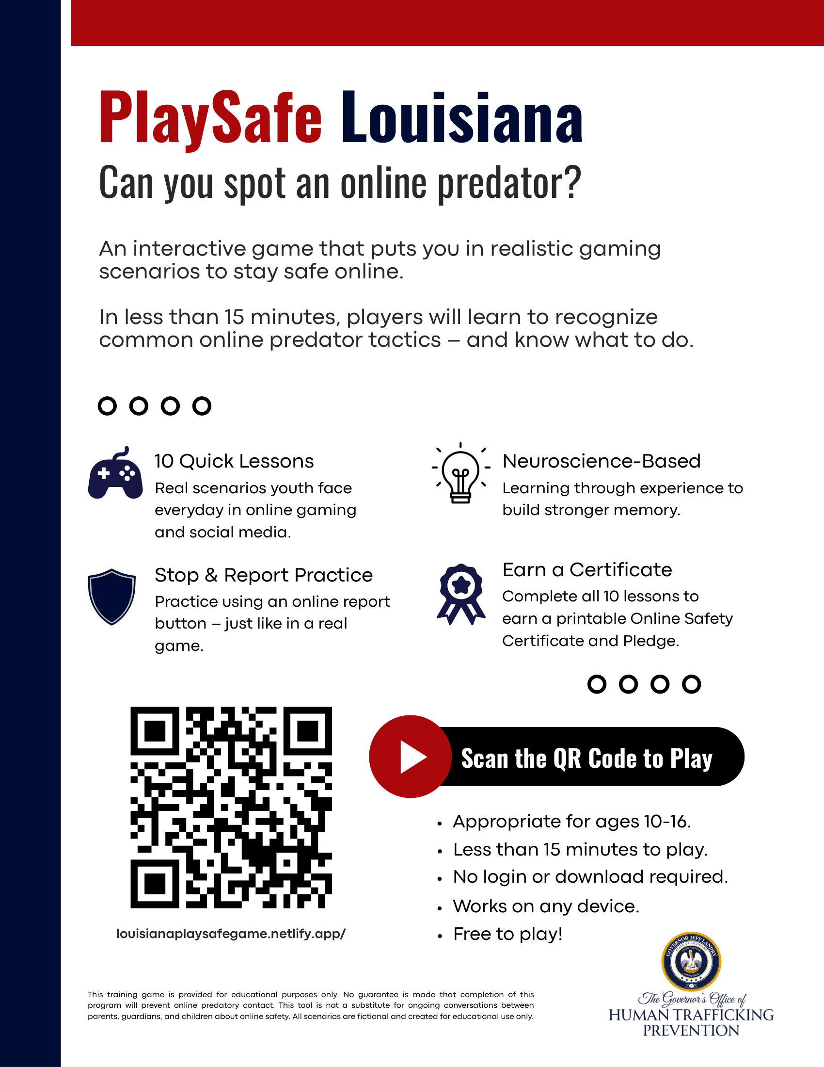 PlaySafe Louisiana: Can you spot an online predator? Youth-oriented flyer for PlaySafe Louisiana game